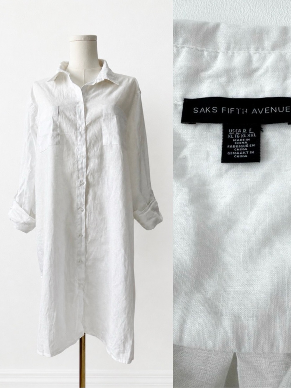 Saks Fifth Avenue Linen Shirt Dress White Minimal Chic Tunic XL resort